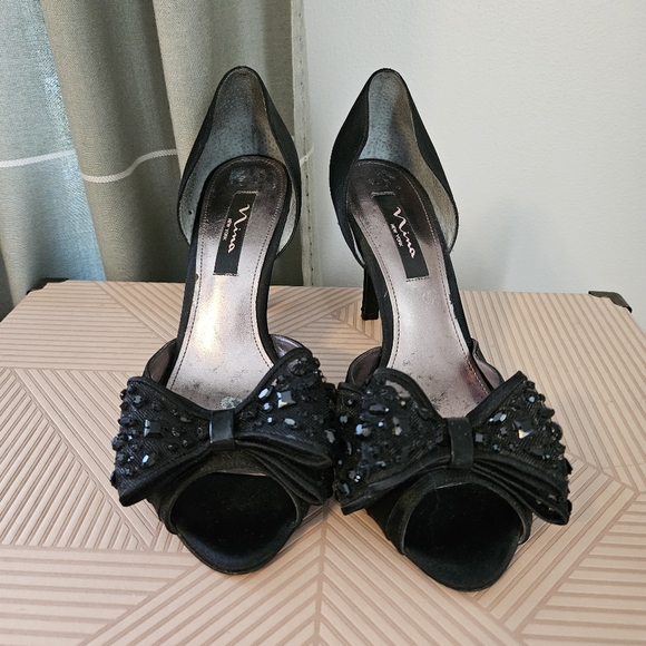 Nina Heels Elegant Black Bow Jeweled Open Toe Neutral Cocktail Prom Party Guest - Picture 2 of 9